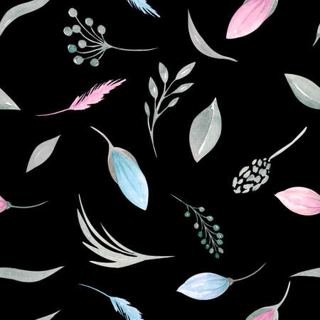 Seamless pattern of floral elements Pink and blue tulips, spring greenery, foliage, branches on a black backgroundの写真素材