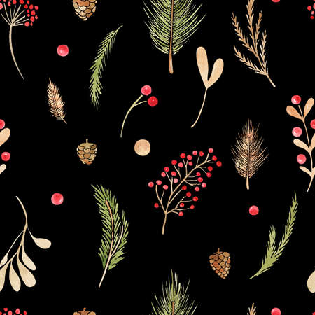 Seamless pattern Christmas boho elements. Watercolor winter floral set Holiday branches, leaves, cones, berries, coniferous branches, leaves on a black background. Xmas backgroundの写真素材