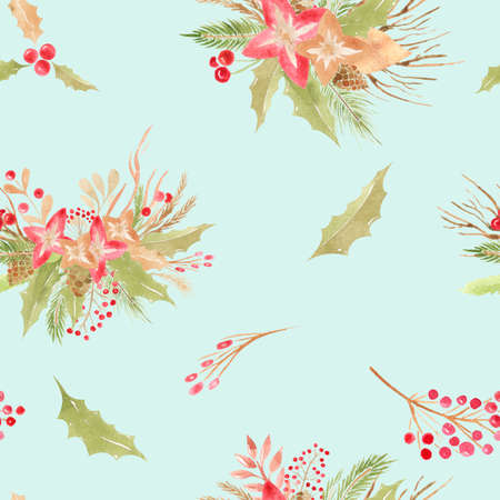 Seamless pattern of winter floral elements Christmas wedding bouquet berries branches flowers leaves on blue backgroundの写真素材