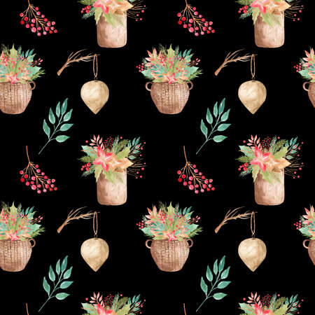 Seamless pattern Wicker basket Composition flowers, branches, leaves, berries, needles, evergreen Floral element winter arrangement for home interior, home decor on black backgroundの写真素材