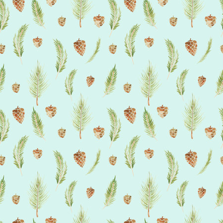 Seamless pattern of winter elements cones and branches on a blue background Christmas print for...