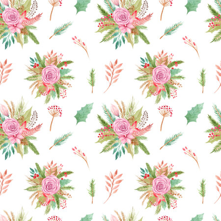 Seamless pattern Christmas flowers rose bouquet. Floral element for decoration of greeting cards,...