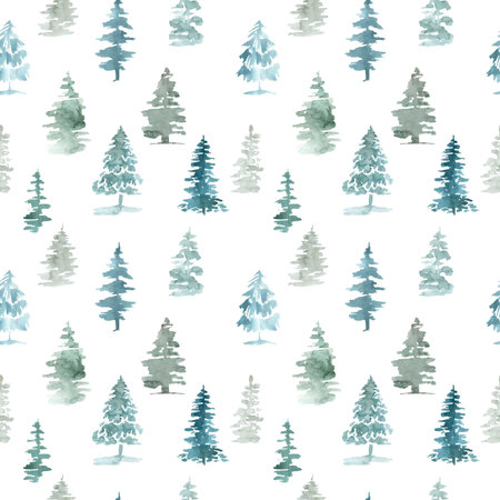 Seamless pattern of pine trees Christmas winter forest on a white background