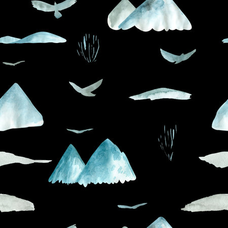 Seamless pattern Landscape misty mountains birds nature Watercolor hand painted on a black...