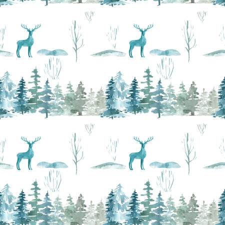 Seamless border pattern of pine trees Christmas winter forest on a white background