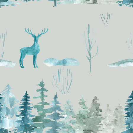 Seamless border pattern of pine trees Christmas winter forest on a blue backgroundの写真素材