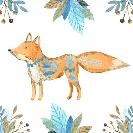 Folk Christmas animal Fox clipart Watercolour illustration of a Nordic winter elements collectionの写真素材