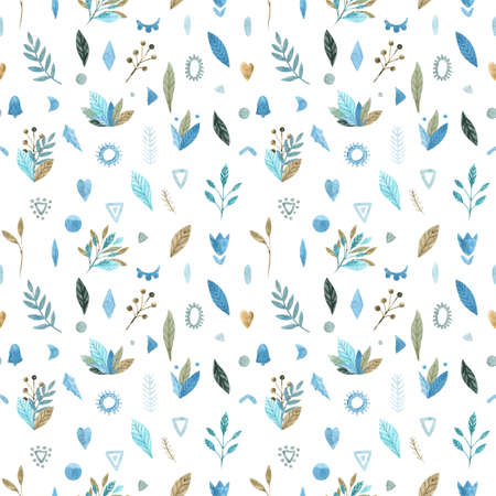 Seamless pattern of floral elements on a white background. Watercolor hand painted boho spring patternの写真素材