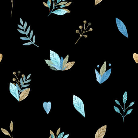 Seamless pattern of floral elements on a black background. Watercolor hand painted boho spring patternの写真素材