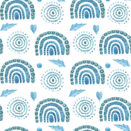 Seamless boho pattern rainbow, folk elements, kids design on a white background Abstract watercolor illustrationの写真素材