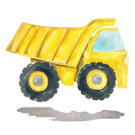 Cute cartoon illustration of construction yellow dump truck Hand painted watercolor childrens designの写真素材