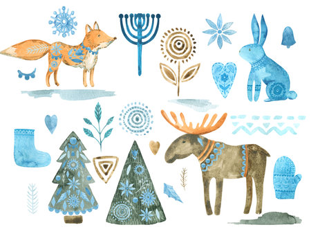 Folk Christmas animals clipart Watercolor illustration of a Nordic winter elements collectionの写真素材