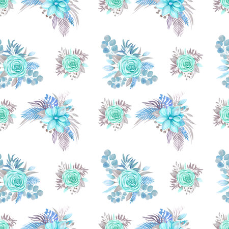 Seamless pattern Botanical arrangement, blooming Magnolia, rose on a white background Flower arrangement bouquet flowers leaves branchesの写真素材
