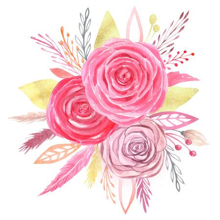 Watercolor boho floral arrangement clipart Hand painted red roses wedding bouquet.の写真素材