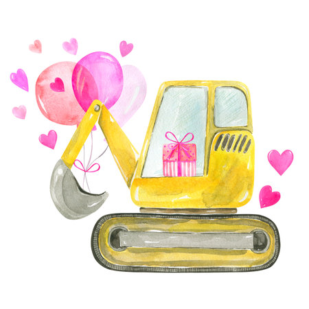 Valentines day Cute cartoon illustration of construction yellow excavator truck isolated on white background Hand painted watercolor childrens designの写真素材