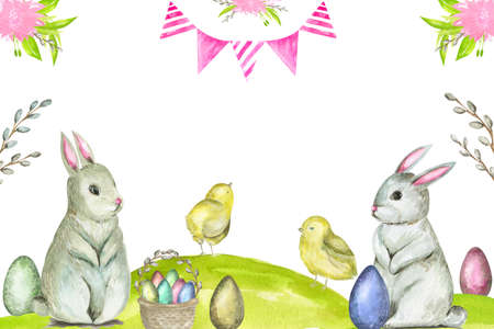 Banner Watercolor Easter Bunny. Hand painted colorful egg, chicken, rabbit animal and floral decor clip art Copy space for your textの写真素材