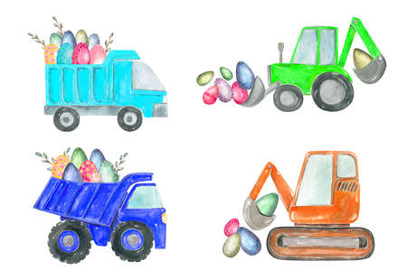 Happy Easter eggs truck clipart. The boy is an egg hunter. Dump truck, excavator, tractor, bulldozer construction equipmentの写真素材
