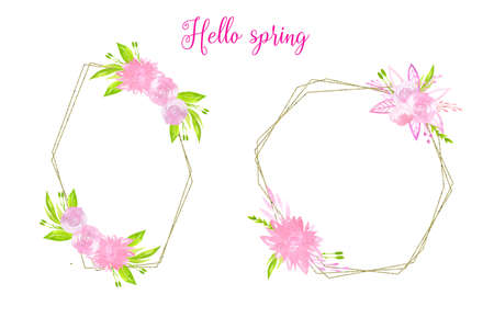 Collection of geometric gold frames with pink flowers Wedding wreath template for cards, postcards, invitationsの写真素材