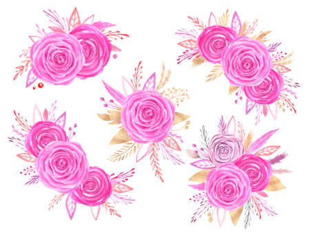 Watercolor floral arrangement clipart Hand painted pink roses wedding bouquet collection Valentines Day flower love compositionの写真素材