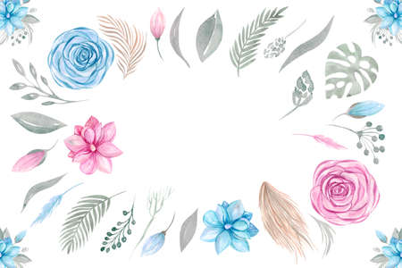 Floral banner with pink and blue flowers on a white background Botanical elements copy spaceの写真素材