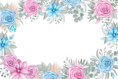 Floral banner frame with pink and blue flowers on a white background Botanical elements copy space. Template for invitation cards, postcards, cardsの写真素材