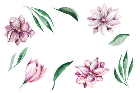 Frame Spring Magnolia Flowers clipart Delicate floral bouquet of magnolia on a white backgroundの写真素材