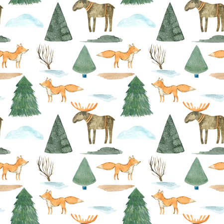 Seamless pattern woodland animals, forest, coniferous trees, pine trees Watercolor forest fox, moose digital repeat pattern file for fabric Nursery character design on a white backgroundの写真素材