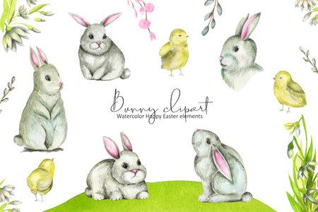 Spring Bunny Happy Easter clipart Farm animals collection watercolor illustrationの写真素材