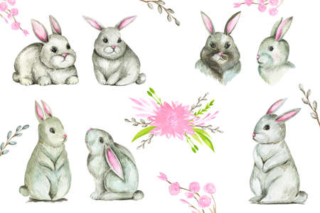 Spring rabbit collection clipart Happy Easter cute bunny animals setの写真素材