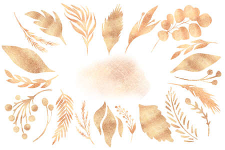 Gold floral elements clipart Template frame for invitations, postcards, cardsの写真素材