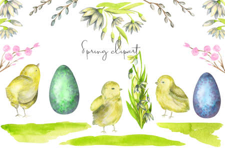 Happy Easter chicks eggs clipart Template for greeting card, banner, invitation, cardの写真素材