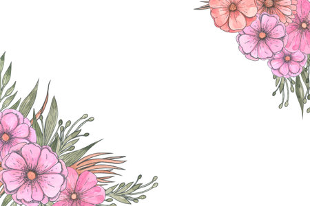 A banner of delicate pink flowers is a copy of the space Frame template for invitations, postcards, cardsの写真素材