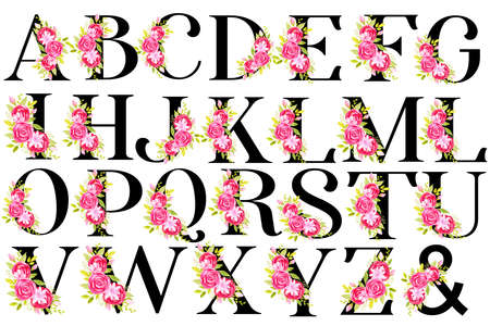 Floral alphabet black letters red pink flowersの写真素材