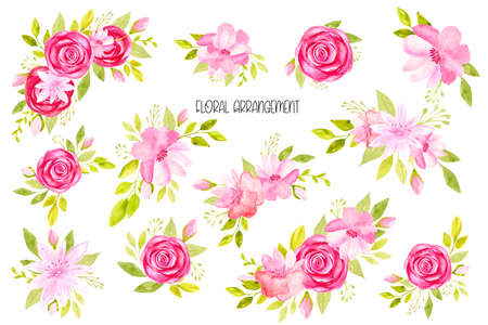 Watercolor floral arrangement collection. Pink flowers wedding bouquet. Card making setの写真素材
