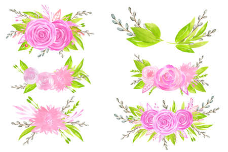 A collection of watercolor flower arrangements for creating postcards and invitations. Spring and Easter flower and plant compositionsの写真素材