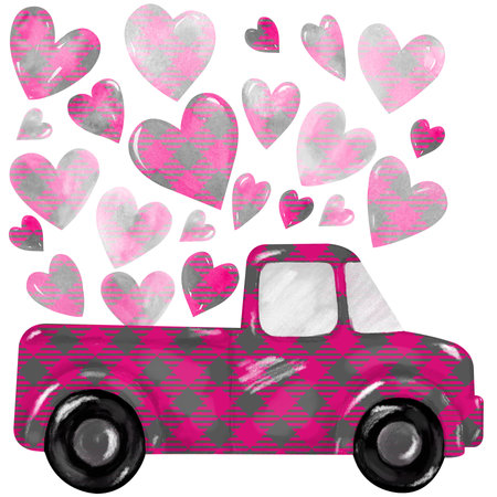 Valentines Day pink retro truck with hearts. Cute vintage pickup truck delivers hearts. Valentines Day greeting card, banner, poster, flyer, etc.の写真素材