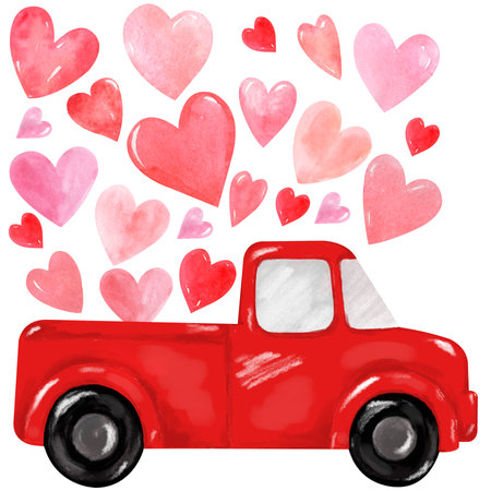 Valentines Day red retro truck with hearts. Cute vintage pickup truck delivers hearts. Valentines Day greeting card, banner, poster, flyer, etc.の写真素材