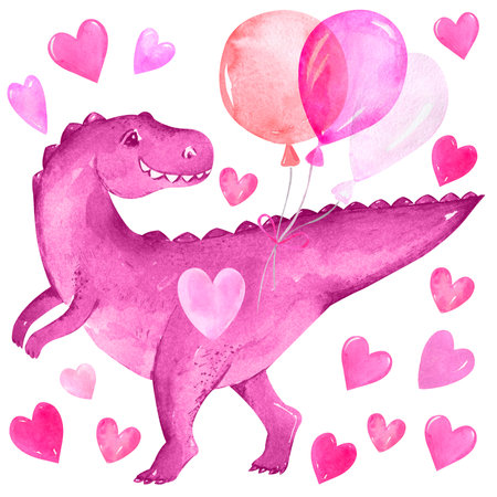 Valentines Day Dinosaur With Heart. Birthday Card Pink Dino Balloonsの写真素材