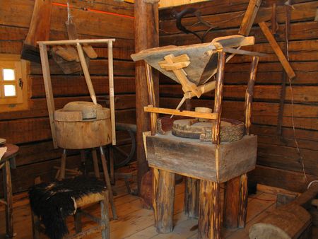 Vintage wooden mill equipment inside genuine wooden mill interiorの写真素材
