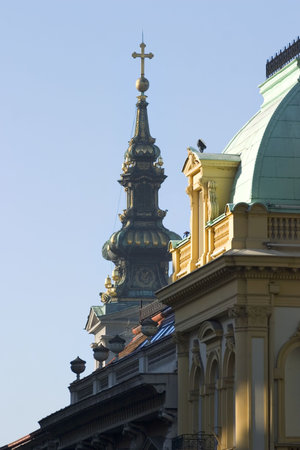 Street view of orhodox church bell tower in Belgrade, Serbiaの写真素材