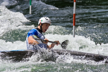BANJA LUKA, BOSNIA AND HERZEGOVINA - JULY 16: An unidentified athlete from Italy competes at European Junior and U23 Canoe Slalom Championships on July 16, 2011 in Banja Luka, Bosnia and Herzegovina. The event is from July 14-17, 2011.のeditorial素材
