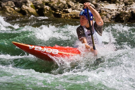 BANJA LUKA, BOSNIA AND HERZEGOVINA - JULY 16: An unidentified athlete from Serbia competes at European Junior and U23 Canoe Slalom Championships on July 16, 2011 in Banja Luka, Bosnia and Herzegovina. The event is from July 14-17, 2011. のeditorial素材