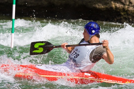 BANJA LUKA, BOSNIA AND HERZEGOVINA - JULY 16: An unidentified athlete from Serbia competes at European Junior and U23 Canoe Slalom Championships on July 16, 2011 in Banja Luka, Bosnia and Herzegovina. The event is from July 14-17, 2011. のeditorial素材