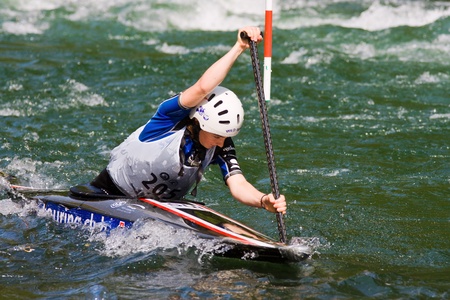 BANJA LUKA, BOSNIA AND HERZEGOVINA - JULY 16: An unidentified athlete from SWITZERLAND competes at European Junior and U23 Canoe Slalom Championships on July 16, 2011 in Banja Luka, Bosnia and Herzegovina. The event is from July 14-17, 2011. のeditorial素材