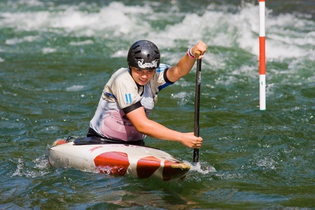 BANJA LUKA, BOSNIA AND HERZEGOVINA - JULY 16: An unidentified athlete from Slovenia competes at European Junior and U23 Canoe Slalom Championships on July 16, 2011 in Banja Luka, Bosnia and Herzegovina. The event is from July 14-17, 2011.のeditorial素材