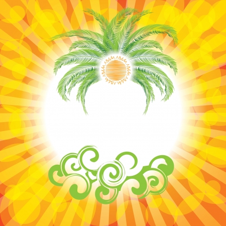 Summer orange background with abstract sun and palmのイラスト素材