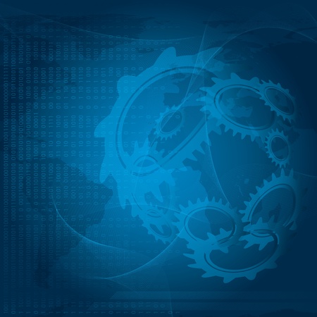 Futuristic blue background with world map and gearsのイラスト素材
