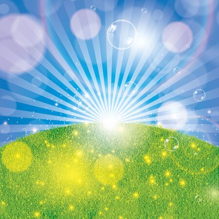 Summer spring background with grass and sunlightのイラスト素材