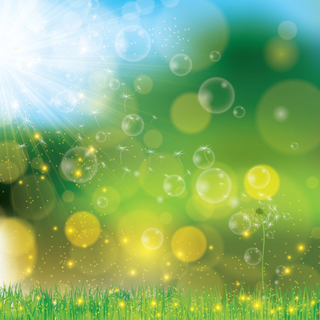 Vector Dandelion blowing in the sun nature green backgroundのイラスト素材