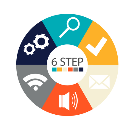 Modern circular infographics of 6 steps, segments for annual reports, charts, presentations, web design with symbols and space for text.のイラスト素材